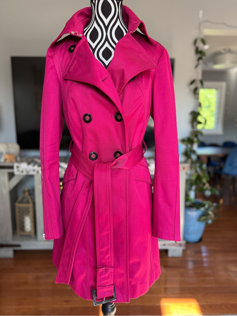Dawn Levy Vibrant Fuchsia Double-Breasted Trench Coat with Belt